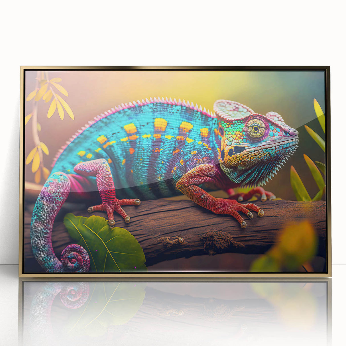 Framed wall art featuring a vibrant chameleon design on acrylic, showcasing detailed colors of green, blue, and gold, perfect for reptile enthusiasts and modern decor.