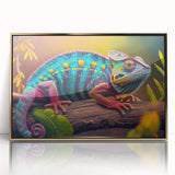 Framed wall art featuring a vibrant chameleon design on acrylic, showcasing detailed colors of green, blue, and gold, perfect for reptile enthusiasts and modern decor.