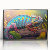Framed wall art featuring a vibrant chameleon design in bold colors, set in a sleek silver frame, ideal for enhancing modern home decor.