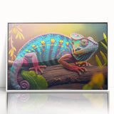 Framed wall art featuring a vibrant chameleon design, showcasing bold colors and intricate details, perfect for reptile enthusiasts and modern decor.