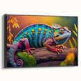 Framed wall art featuring a vibrant chameleon design on a black background, showcasing intricate details and vivid colors, ideal for reptile enthusiasts and modern decor.