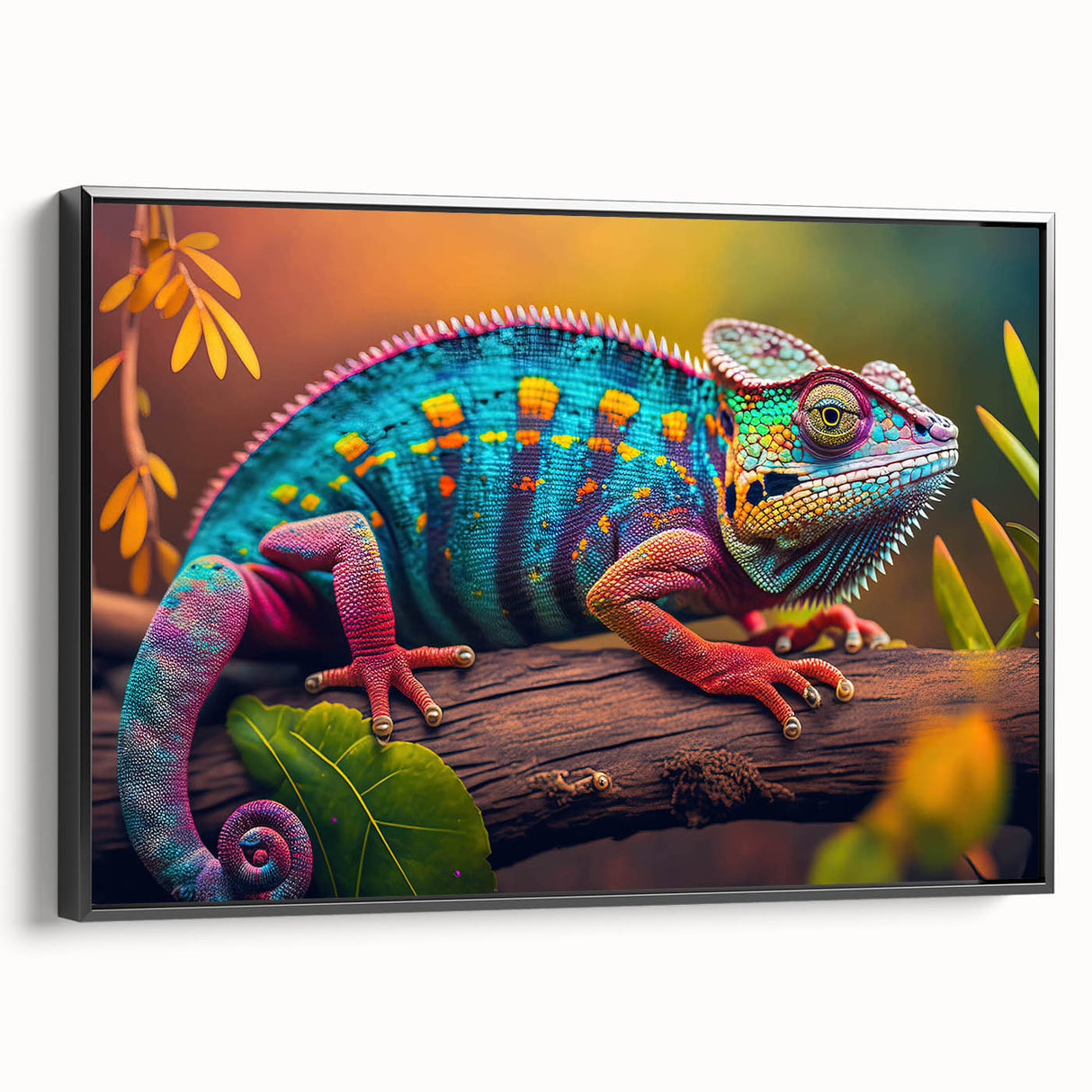 Framed wall art featuring a vibrant chameleon design on a black background, showcasing intricate details and vivid colors, ideal for reptile enthusiasts and modern decor.