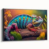 Framed wall art featuring a vibrant chameleon design on a black background, showcasing intricate details and vivid colors, ideal for reptile enthusiasts and modern decor.