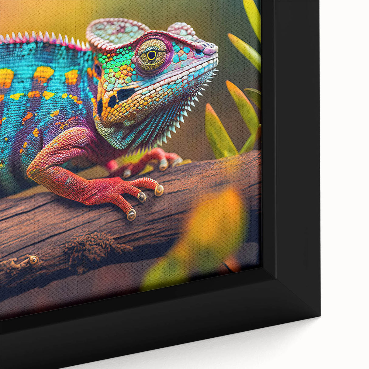 Close-up of a vibrant chameleon wall art design on framed canvas, showcasing intricate details and bright colors, perfect for reptile enthusiasts and home decor.