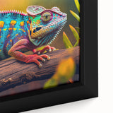 Close-up of a vibrant chameleon wall art design on framed canvas, showcasing intricate details and bright colors, perfect for reptile enthusiasts and home decor.