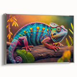 Framed wall art featuring a vibrant chameleon design on canvas, showcasing intricate details and rich colors, ideal for reptile enthusiasts and home decor.