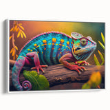 Framed wall art showcasing a vibrant chameleon design against a white background, perfect for reptile lovers, enhancing home decor with its colorful details.