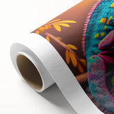 Vibrant chameleon wall art design on rolled canvas, showcasing intricate colors and patterns, perfect for reptile enthusiasts and modern decor. Packaged securely in a cardboard tube for safe shipping.