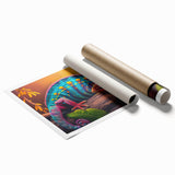 Vibrant chameleon wall art print showcasing intricate details and vivid colors, perfect for reptile enthusiasts and home decor. Rolled and ready for framing.