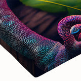 Close-up of a vibrant chameleon design on stretched canvas wall art, showcasing intricate details and rich colors, perfect for reptile lovers and home decor enthusiasts.
