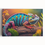 Colorful chameleon wall art on stretched canvas, showcasing intricate details and vibrant hues, perfect for reptile enthusiasts and home decor lovers.