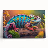 Colorful chameleon wall art on stretched canvas showcasing vibrant green, blue, and orange hues, perfect for adding a lively touch to any room decor.