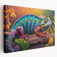 Vibrant chameleon wall art design on stretched canvas, showcasing intricate details and vivid colors, ideal for enhancing modern home decor and reptile enthusiasts.