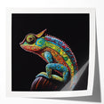 Vibrant chameleon wall art design on glossy canvas, showcasing colorful reptile motifs. Perfect for adding a unique touch to modern home decor.
