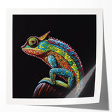 Vibrant chameleon wall art design on glossy canvas, showcasing colorful reptile motifs. Perfect for adding a unique touch to modern home decor.
