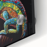 Close-up of a vibrant chameleon wall art design, showcasing intricate details and colors on acrylic glass, perfect for reptile enthusiasts and modern decor.