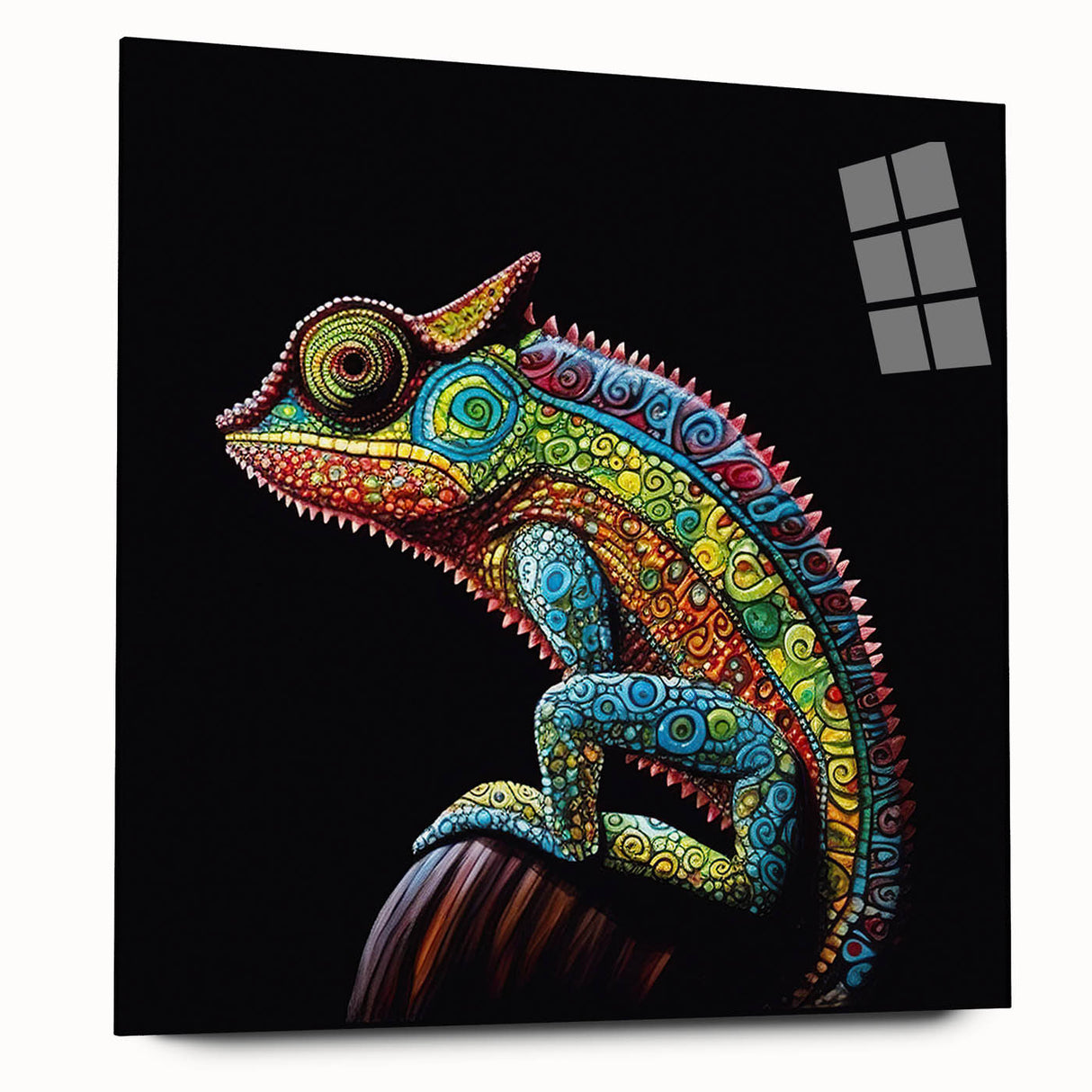 Colorful chameleon wall art design printed on acrylic glass, showcasing vibrant hues and intricate details, ideal for modern home decor and reptile enthusiasts.