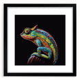 Chameleon-themed wall art design displayed in a sleek black frame with a mat, showcasing vibrant colors and intricate details, ideal for reptile enthusiasts' decor.