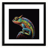 Chameleon-themed wall art design displayed in a sleek black frame with a mat, showcasing vibrant colors and intricate details, ideal for reptile enthusiasts' decor.