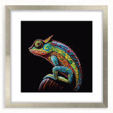 Charming wall art featuring a vibrant chameleon design in a silver frame with a mat, ideal for adding a touch of nature-inspired decor to any room.