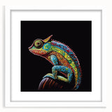 Chameleon-themed wall art framed in white, showcasing vibrant colors and intricate design details. Perfect for reptile enthusiasts and modern decor.
