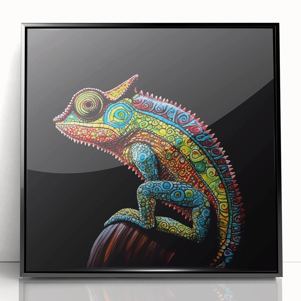 Framed acrylic wall art featuring a vibrant chameleon design, showcasing intricate details and vivid colors, set against a sleek black background, ideal for reptile enthusiasts.