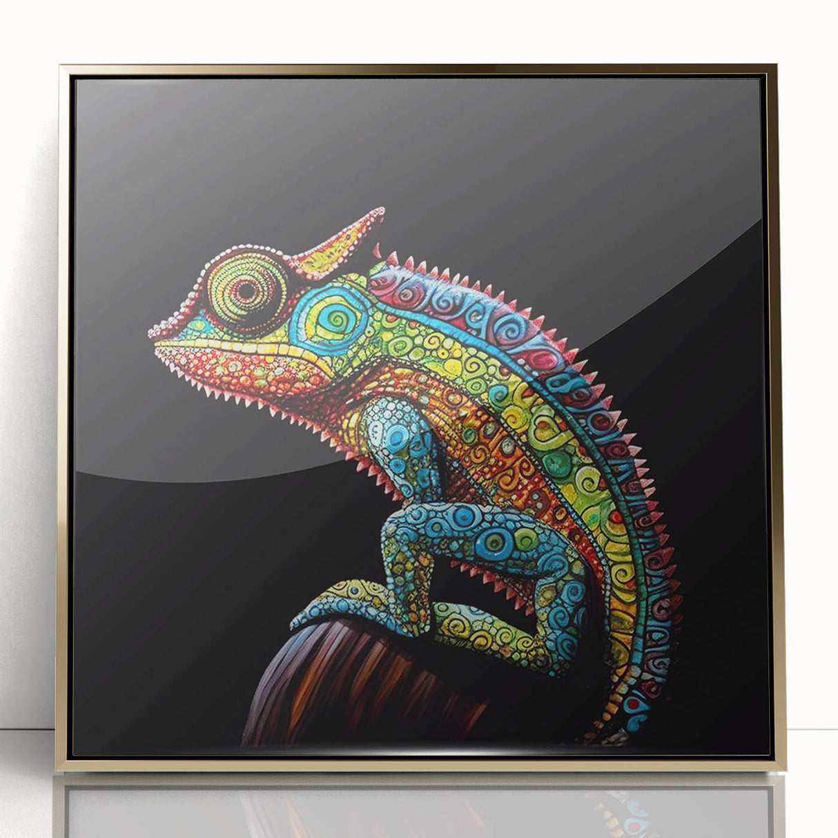 Framed wall art featuring a vibrant chameleon design with a gold-accented frame, showcasing intricate details against a colorful background, perfect for reptile enthusiasts and modern decor.