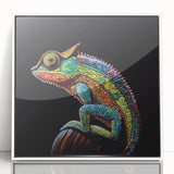Framed acrylic wall art showcasing a vibrant chameleon design, featuring bright colors and intricate details, perfect for reptile lovers and modern decor enthusiasts.