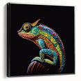 Framed canvas wall art featuring a vibrant chameleon design, showcasing bright greens and blues, perfect for reptile enthusiasts and modern decor.