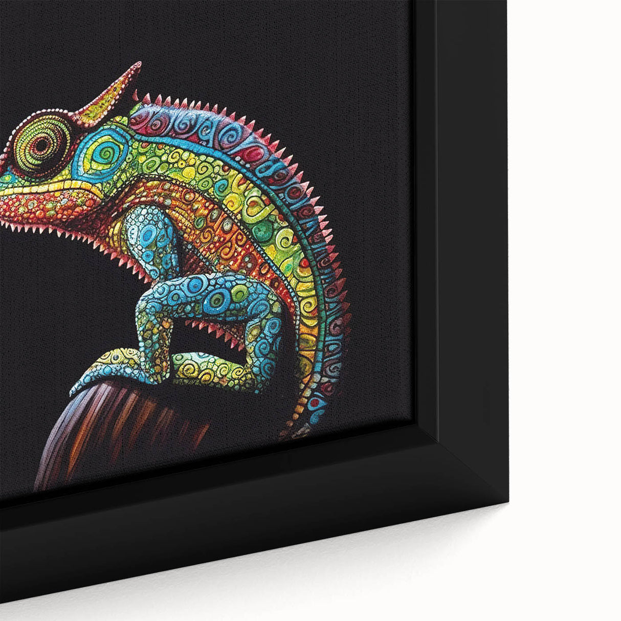 Vibrant close-up of a framed chameleon wall art print on canvas, showcasing intricate details and vivid colors, perfect for reptile enthusiasts and home decor.