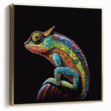 Framed wall art featuring a vibrant chameleon design in gold tones, showcasing intricate details and textures, perfect for adding a bold statement to any room.