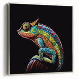 Framed wall art featuring a colorful chameleon design on a textured canvas, set against a sleek silver frame, perfect for reptile enthusiasts and modern decor.