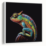 Framed wall art featuring a vibrant chameleon design on a white background, showcasing intricate details and colors, perfect for reptile enthusiasts' decor.