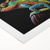 Colorful chameleon wall art on rolled canvas, showcasing vibrant greens and blues, ideal for reptile enthusiasts and modern home decor. Perfectly packaged in a sturdy tube for safe delivery.