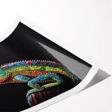 Vibrant chameleon wall art print showcasing intricate reptile designs in vivid colors, rolled for easy framing, perfect for nature-themed decor.