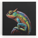 Stretched canvas wall art showcasing a vibrant chameleon design with intricate details, perfect for reptile enthusiasts and modern decor. The artwork features vivid colors and a dynamic composition that adds a lively touch to any space. Ideal for animal lovers, this piece emphasizes the beauty of nature in home or office settings.