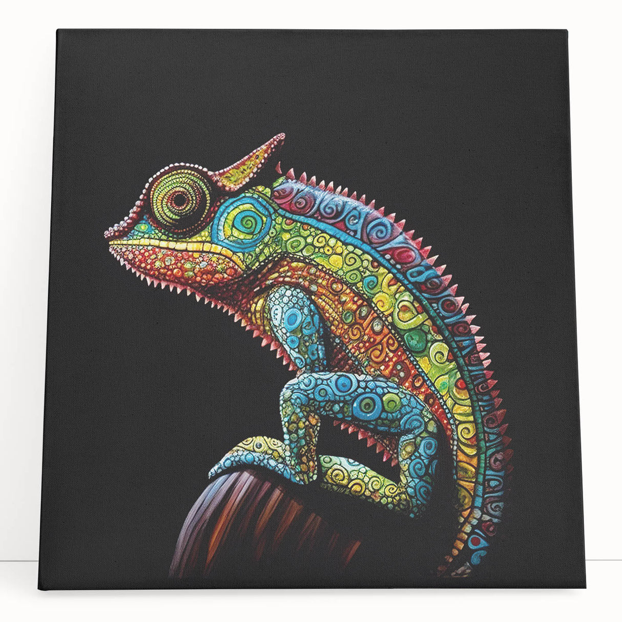 Vibrant chameleon art print on stretched canvas, showcasing intricate details and rich colors, perfect for reptile enthusiasts and modern home decor. Ideal for enhancing living spaces with a unique wildlife theme.