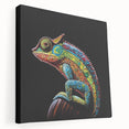 Stretched canvas wall art featuring a vibrant chameleon design in bright green and blue hues, showcasing the reptile's intricate textures and details against a neutral background, perfect for adding a pop of color to any room decor.