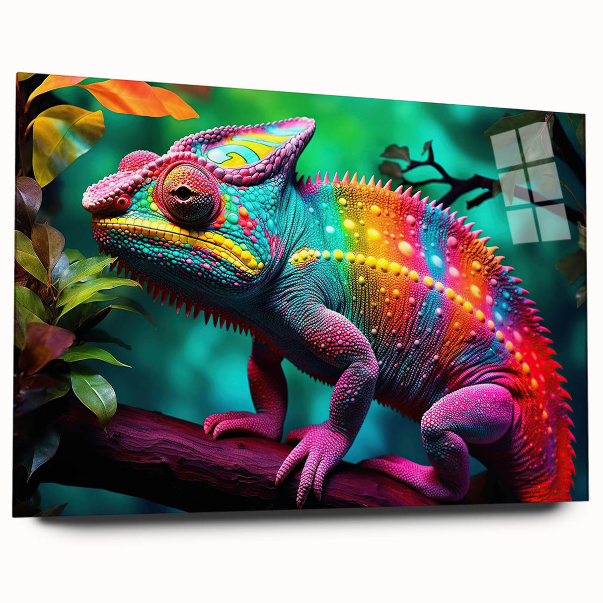 Colorful chameleon wall art piece featuring intricate design details, displayed in a sleek acrylic glass frame, showcasing vibrant hues and artistic elegance. Perfect for reptile lovers and modern decor enthusiasts.