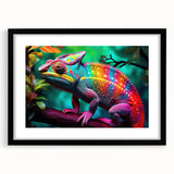 Chameleon-themed wall art framed in black, showcasing vibrant colors and intricate details, perfect for adding a unique touch to modern home decor.
