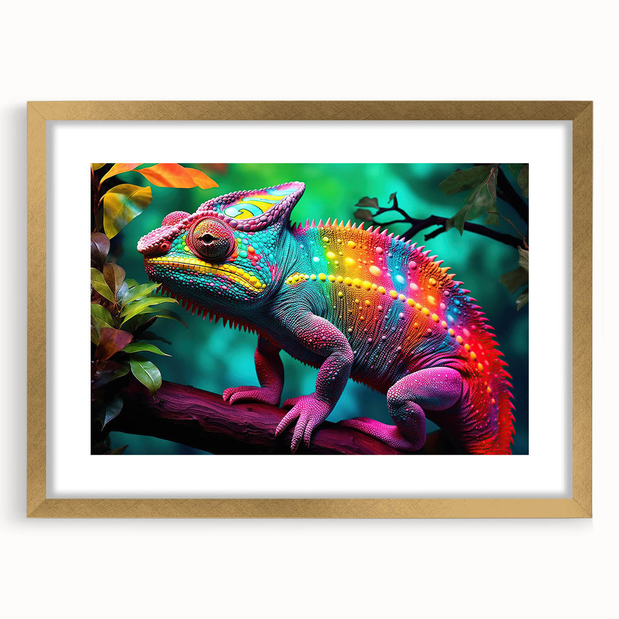Framed wall art featuring a vibrant chameleon design in gold, elegantly presented with a mat, perfect for enhancing modern decor in living spaces.