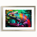 Chameleon-themed wall art framed in silver with a mat, showcasing vibrant colors and intricate designs, perfect for enhancing modern decor in any room.