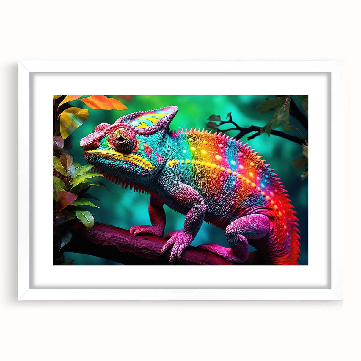 Chameleon-themed wall art featuring vibrant colors and intricate details, framed with a white mat, perfect for adding a unique touch to any decor.