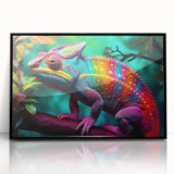 Framed acrylic wall art featuring a vibrant chameleon design in a sleek black frame, perfect for adding a touch of exotic color and personality to any room decor.