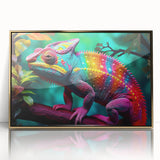 Framed wall art featuring a vibrant chameleon design, highlighted with gold accents on a sleek acrylic background, perfect for modern home decor.