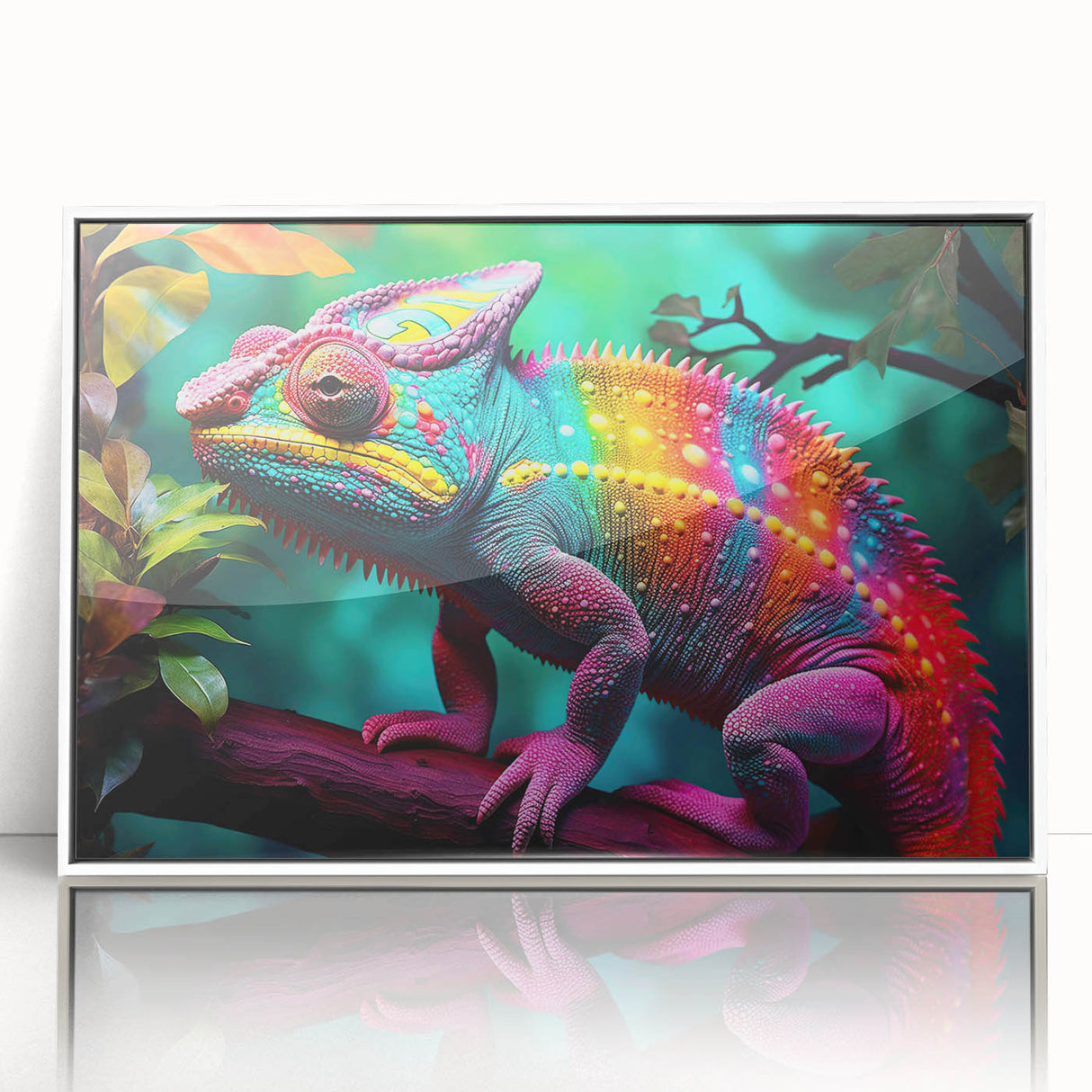 Framed acrylic wall art showcasing a vibrant chameleon design in a white frame, perfect for reptile enthusiasts and modern home decor. Ideal for adding a pop of color to any room.