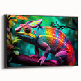 Framed wall art featuring a vibrant chameleon design on black canvas, showcasing intricate details and bright colors, perfect for reptile enthusiasts and modern decor.