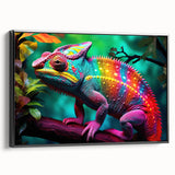 Framed wall art featuring a vibrant chameleon design on black canvas, showcasing intricate details and bright colors, perfect for reptile enthusiasts and modern decor.