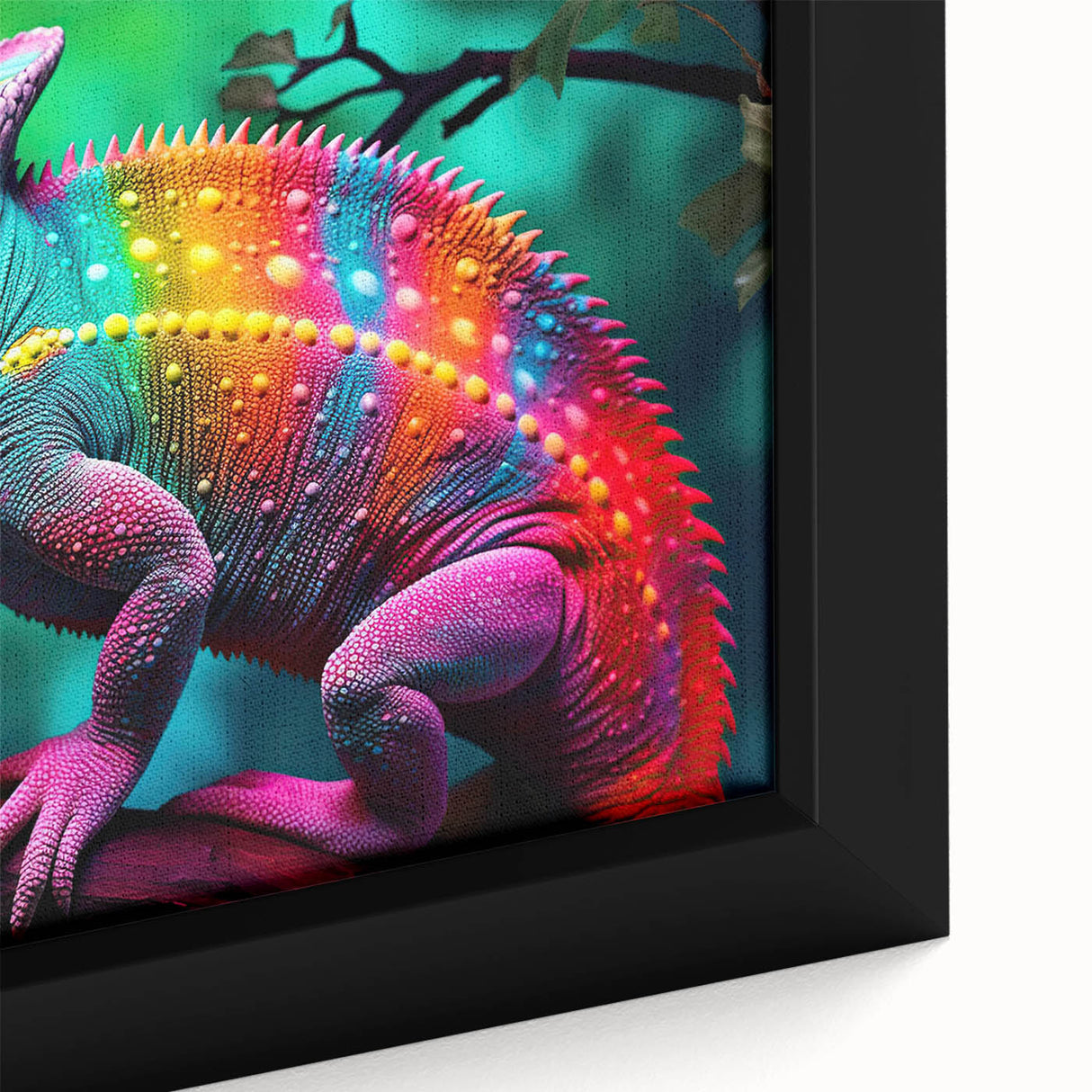 Close-up of a vibrant chameleon wall art design, showcasing intricate details and vivid colors on a framed canvas, perfect for reptile enthusiasts and home decor.