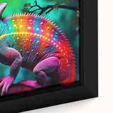 Close-up of a vibrant chameleon wall art design, showcasing intricate details and vivid colors on a framed canvas, perfect for reptile enthusiasts and home decor.